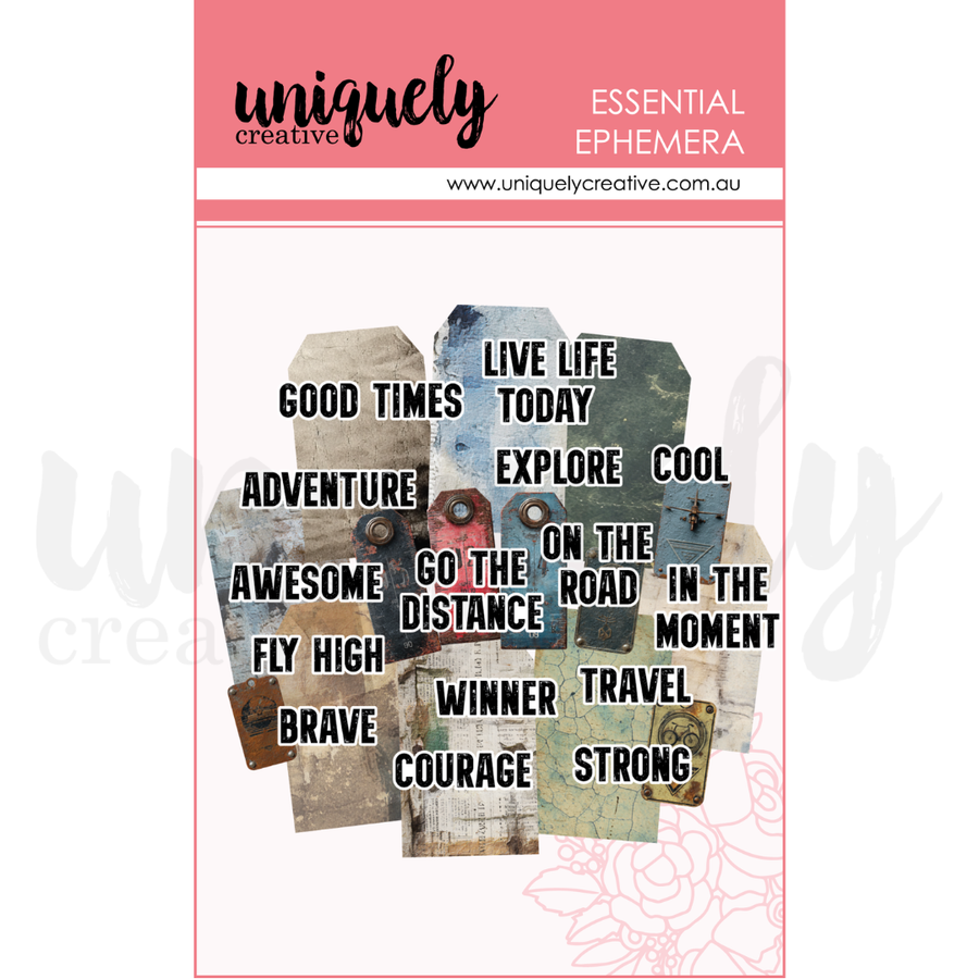 Uniquely Creative - Grunge Tags & Titles Ephemera (Wings & Wheels Collection) A package of 'Uniquely Creative' essential ephemera sheet featuring various textured paper pieces with motivational quotes like 'LIVE LIFE TODAY', 'GO THE DISTANCE', and 'WINNER STRONG' in black text.