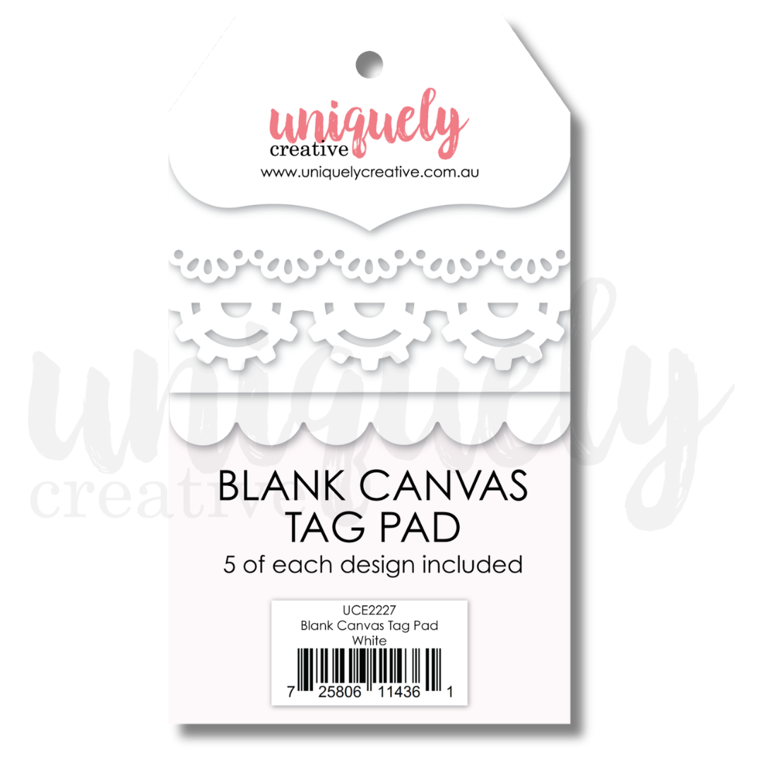 Uniquely Creative - Blank Canvas Tag Pad - White (Wings & Wheels Collection) Uniquely Creative Blank Canvas Tag Pad in white, featuring five scalloped lace and gear designs on the packaging card.