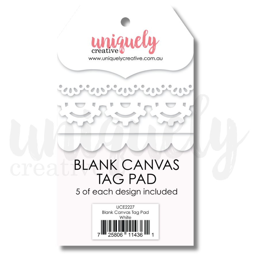 Uniquely Creative - Blank Canvas Tag Pad - White (Wings & Wheels Collection) Uniquely Creative Blank Canvas Tag Pad in white, featuring five scalloped lace and gear designs on the packaging card.