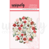 A floral ephemera sheet from Uniquely Creative, featuring a circular arrangement of red, pink, and white flowers with green leaves on a pale pink background, under a pink header card. Uniquely Creative - Christmas Floral Ephemera (Christmas Keepsakes Collection)