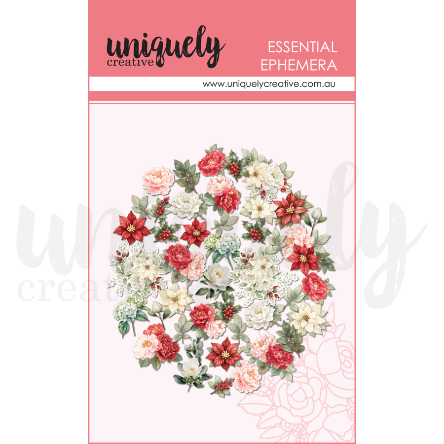 A floral ephemera sheet from Uniquely Creative, featuring a circular arrangement of red, pink, and white flowers with green leaves on a pale pink background, under a pink header card. Uniquely Creative - Christmas Floral Ephemera (Christmas Keepsakes Collection)