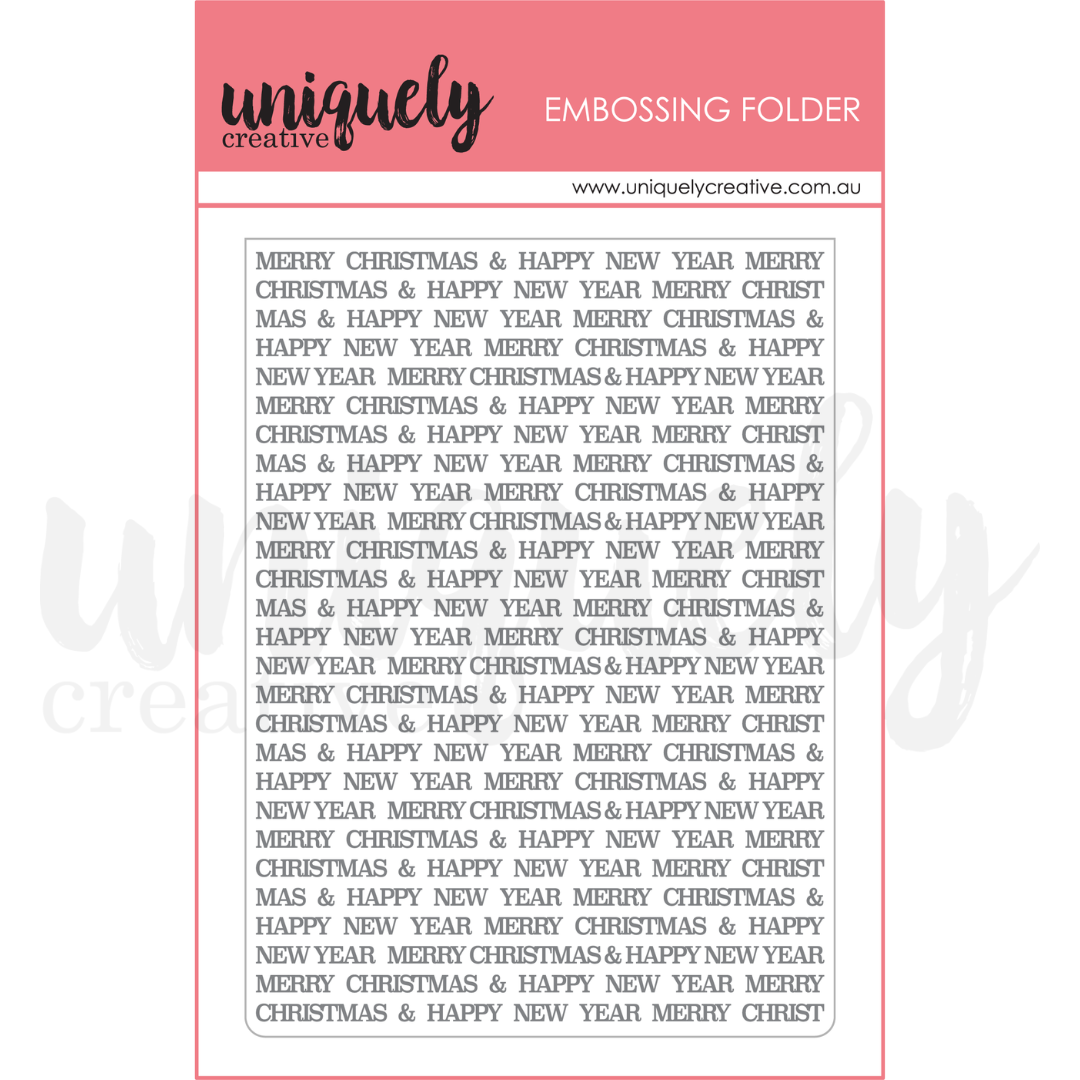 A digital preview of an embossing folder design by Uniquely Creative, featuring a white background with a thin pink border and a repeating pattern of 'MERRY CHRISTMAS & HAPPY NEW YEAR MERRY CHRISTMAS & HAPPY NEW YEAR' in black text. Uniquely Creative - Christmas Embossing Folder (Christmas Keepsakes Collection)