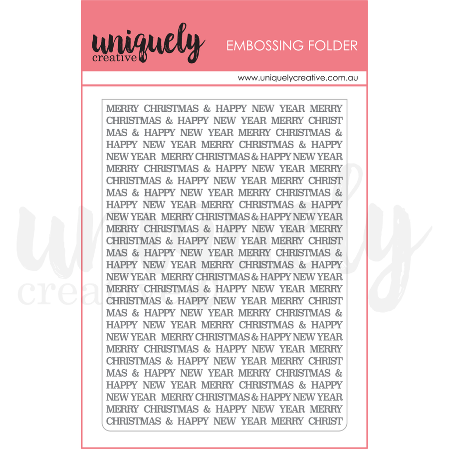 A digital preview of an embossing folder design by Uniquely Creative, featuring a white background with a thin pink border and a repeating pattern of 'MERRY CHRISTMAS & HAPPY NEW YEAR MERRY CHRISTMAS & HAPPY NEW YEAR' in black text. Uniquely Creative - Christmas Embossing Folder (Christmas Keepsakes Collection)