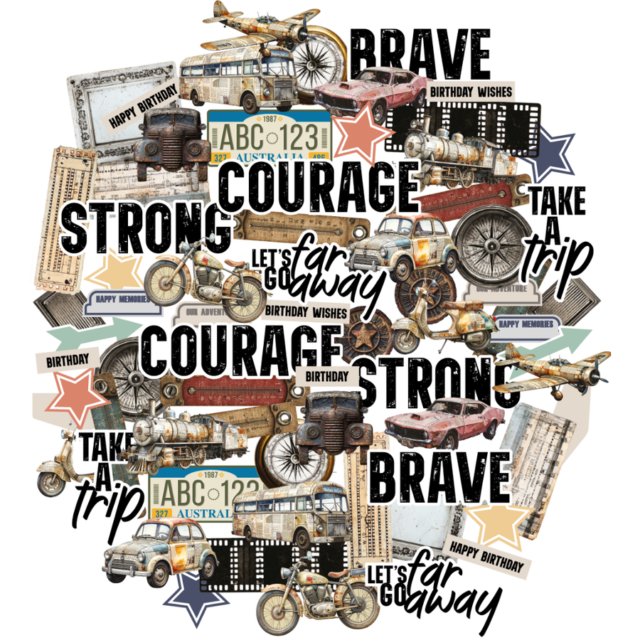 Uniquely Creative - Wings & Wheels Creative Cuts (Wings & Wheels Collection) A collage of vintage-style birthday and travel-themed paper cutouts or stickers featuring the words 'BRAVE', 'COURAGE', 'STRONG', and 'LET'S go far away', along with motorcycles, cars, airplanes, stars, license plates, and phrases like 'Happy Birthday' and 'Take a trip' on a white background. 