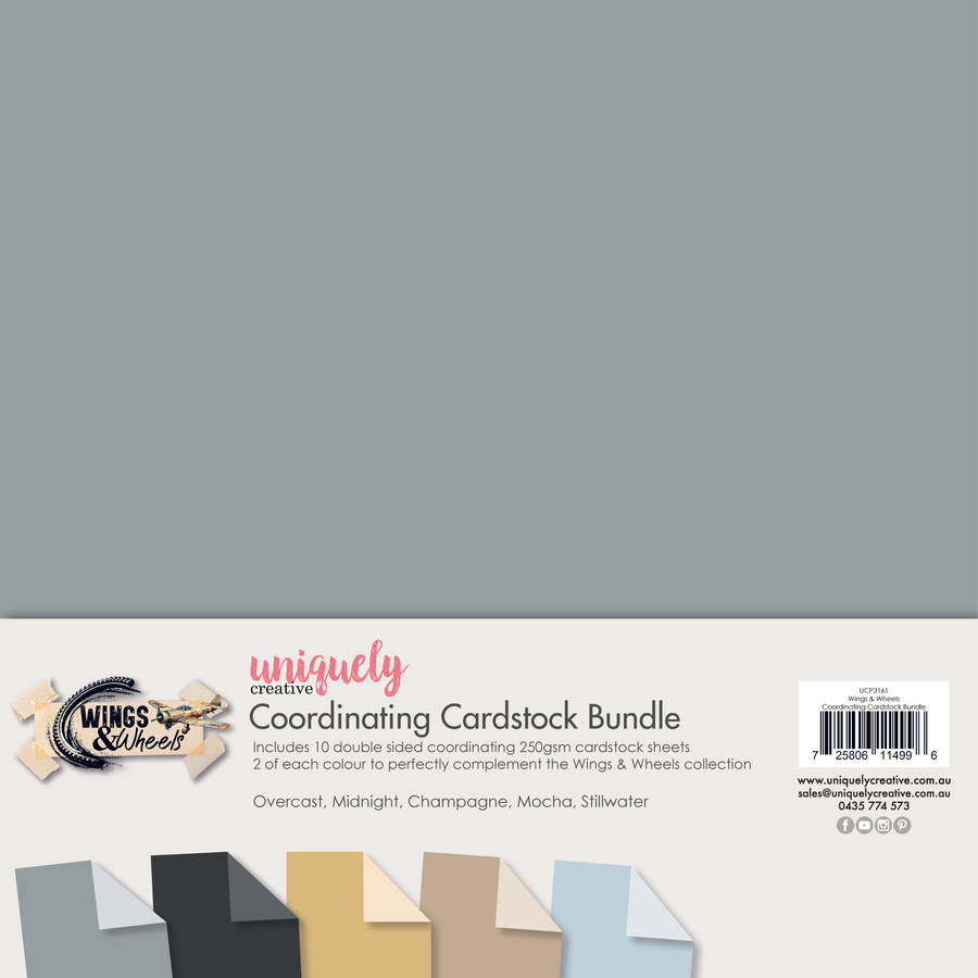 Uniquely Creative - Wings & Wheels Coordinating Cardstock Bundle (Wings & Wheels Collection) Front cover of a cardstock bundle package from Wings & Wheel, featuring a large muted blue-gray color block at the top and a white lower section with product title text, barcode, and sample cardstock color previews.