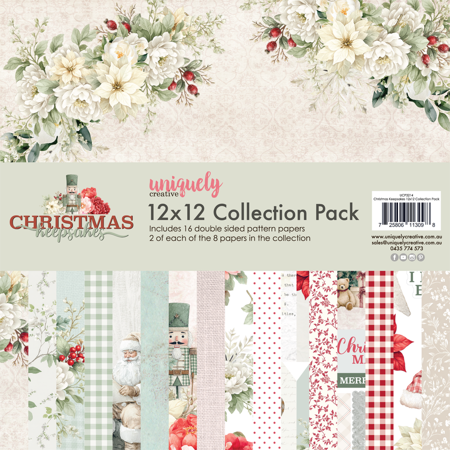 A 12x12 collection pack of patterned papers from Uniquely Creative called Christmas Keepsakes 12 x 12 Collection Pack (16 sheets) (Christmas Keepsakes Collection), featuring Christmas-themed designs including floral arrangements, gingham, polka dots, nutcracker patterns, and holiday text elements.