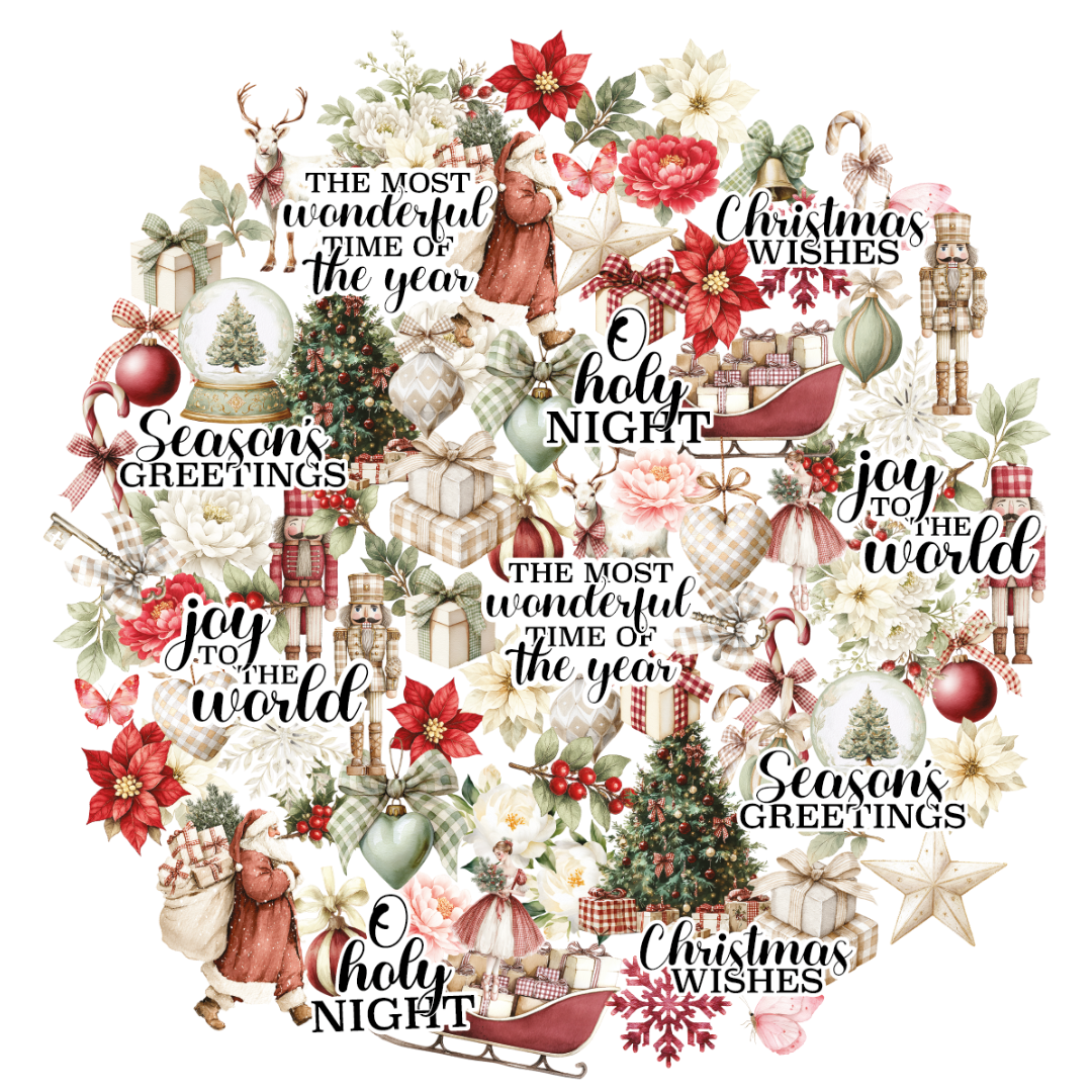 A circular collage of Christmas and holiday-themed illustrations and phrases on a white background, including red poinsettias, snow globes, sleighs, nutcrackers, gift boxes, stars, and text such as 'Christmas Wishes,' 'Seasons Greetings,' and 'joy to the world.'. Uniquely Creative - Christmas Keepsakes Creative Cuts (Christmas Keepsakes Collection)