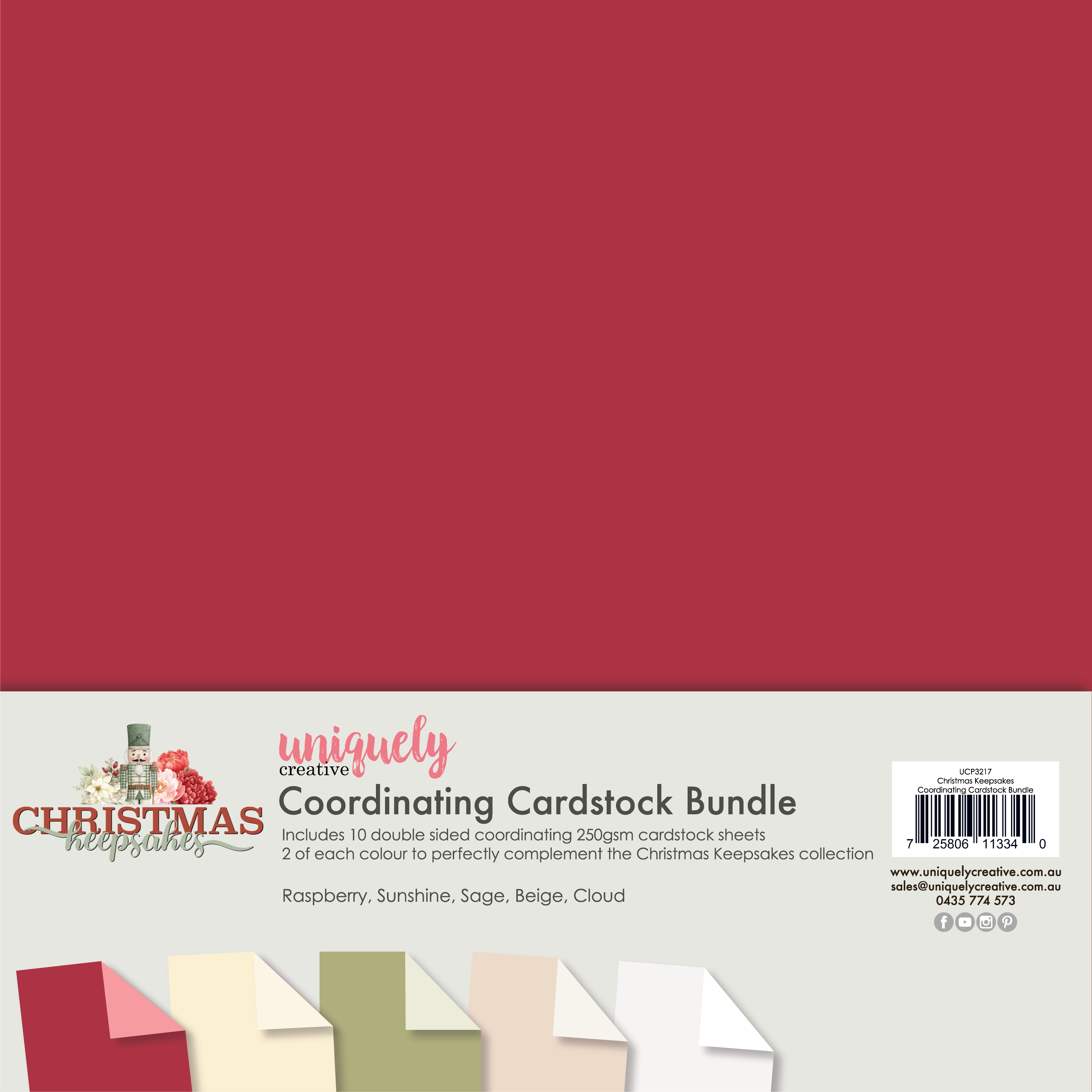 Cardstock bundle packaging showing a large raspberry-red square at the top, with product text below and sample folded cardstock corners in raspberry, sunshine yellow, sage green, beige, and cloud white along the bottom. Uniquely Creative - Christmas Keepsakes Coordinating Cardstock Bundle (Christmas Keepsakes Collection)