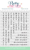 A sheet of Pretty Pink Posh photopolymer clear stamps featuring various alphabet letters, words, and phrases like THANK YOU, GRACIOUS, and BLESSED in black font on a white background with a light green footer. Pretty Pink Posh Upright Greetings: Fall Stamp Set