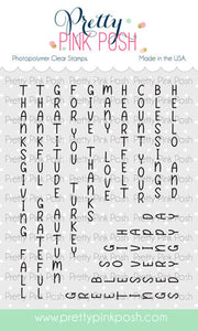 A sheet of Pretty Pink Posh photopolymer clear stamps featuring various alphabet letters, words, and phrases like THANK YOU, GRACIOUS, and BLESSED in black font on a white background with a light green footer. Pretty Pink Posh Upright Greetings: Fall Stamp Set