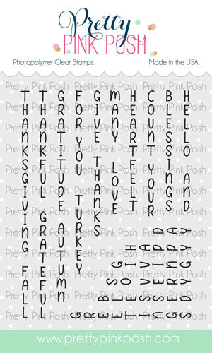 A sheet of Pretty Pink Posh photopolymer clear stamps featuring various alphabet letters, words, and phrases like THANK YOU, GRACIOUS, and BLESSED in black font on a white background with a light green footer. Pretty Pink Posh Upright Greetings: Fall Stamp Set