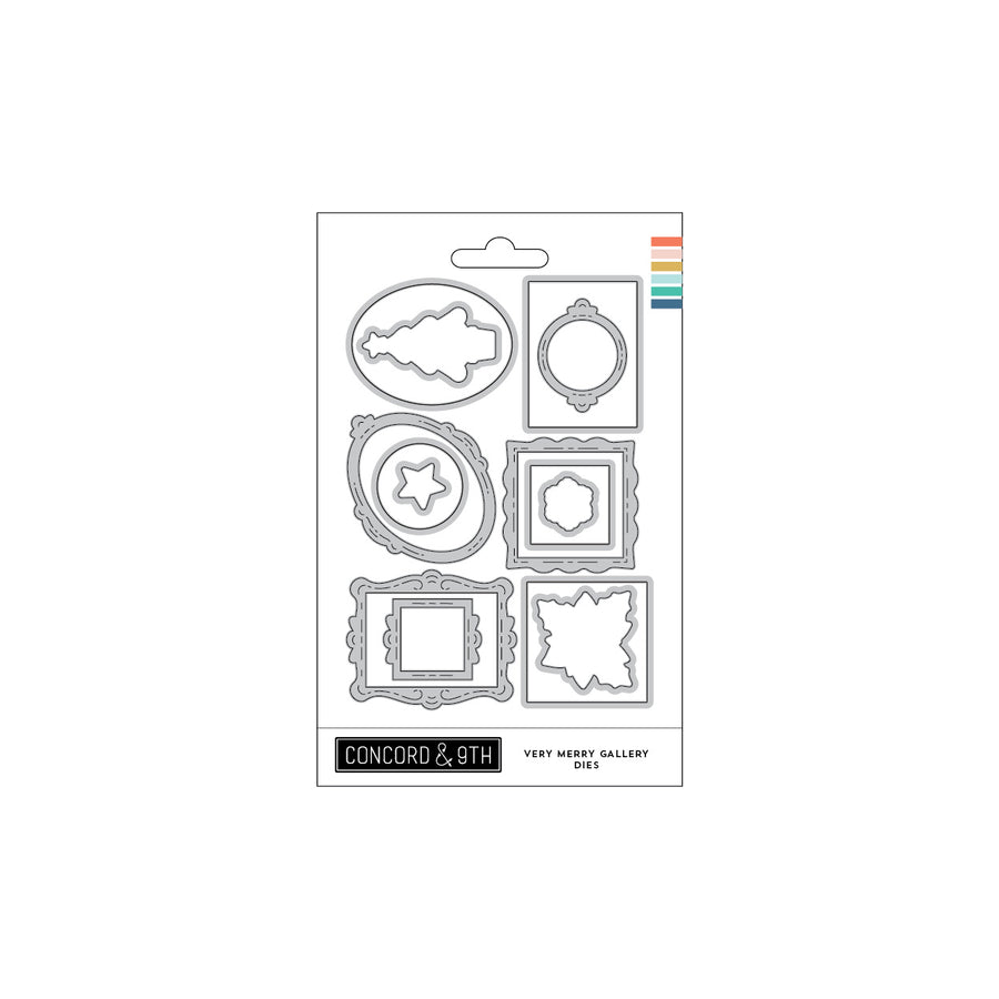A package of Concord & 9th 'Very Worry Gallery Dies' featuring six metal cutting dies for scrapbooking and card making, displayed on a clean white background.