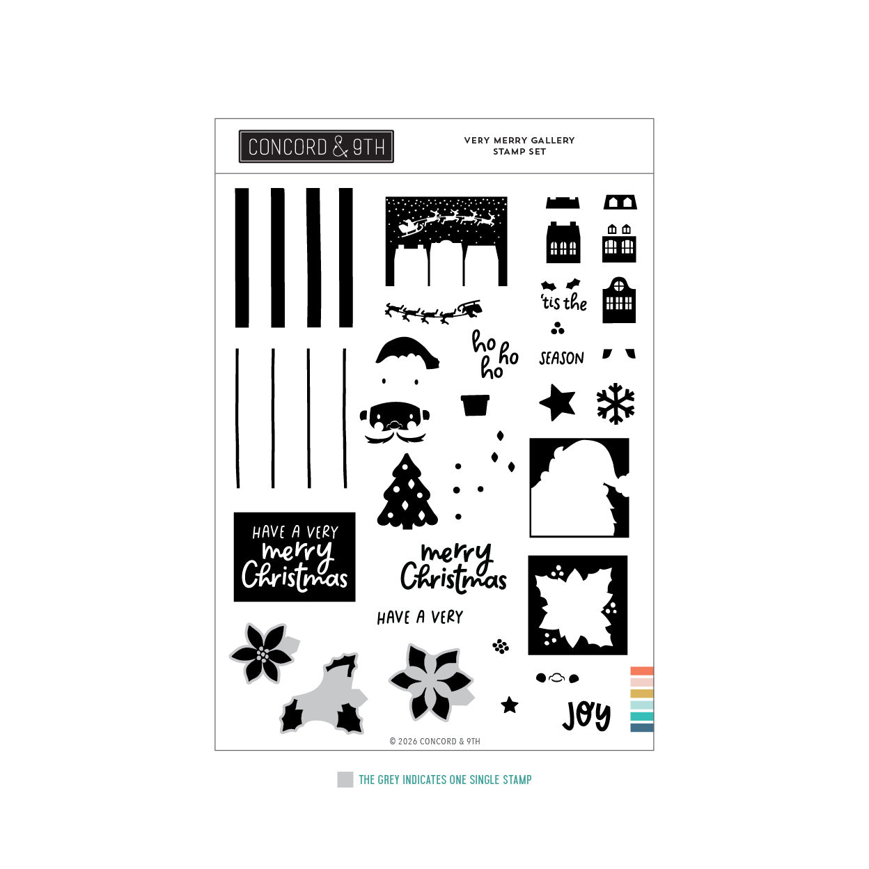 A sheet of Concord & 9th 'Very Merry Gallery Stamp Set' stamps, featuring black and gray winter-themed designs including Christmas trees, snowflakes, houses, and festive phrases on a white background.