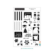A sheet of Concord & 9th 'Very Merry Gallery Stamp Set' stamps, featuring black and gray winter-themed designs including Christmas trees, snowflakes, houses, and festive phrases on a white background.