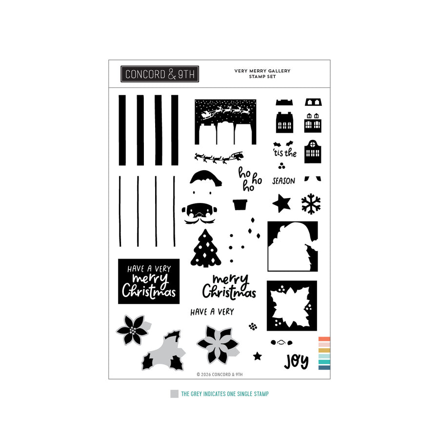 A sheet of Concord & 9th 'Very Merry Gallery Stamp Set' stamps, featuring black and gray winter-themed designs including Christmas trees, snowflakes, houses, and festive phrases on a white background.