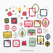 A collection of Christmas-themed elements arranged on a white background. The designs include festive frames, poinsettias, snowflakes, stars, Christmas trees, Santa Claus faces, and holiday phrases like 'Merry Christmas' and 'Have a very Merry Christmas.
