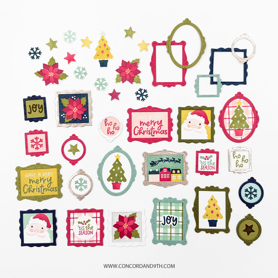 A collection of Christmas-themed elements arranged on a white background. The designs include festive frames, poinsettias, snowflakes, stars, Christmas trees, Santa Claus faces, and holiday phrases like 'Merry Christmas' and 'Have a very Merry Christmas.