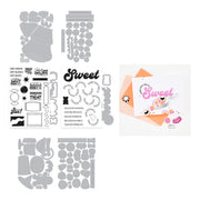 A craft kit layout showing multiple gray die-cut template pieces and printed sample cards on a white background. The set includes candy and treat-themed designs, decorative borders, and a sample card with pink 'Sweet' lettering and pastel illustrations. Hero Arts Beary Sweet Holiday Bundle by Carly Tee
