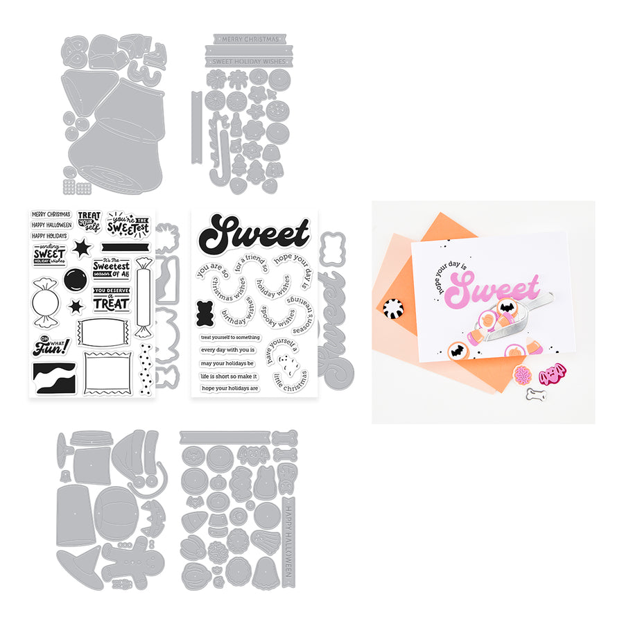 A craft kit layout showing multiple gray die-cut template pieces and printed sample cards on a white background. The set includes candy and treat-themed designs, decorative borders, and a sample card with pink 'Sweet' lettering and pastel illustrations. Hero Arts Beary Sweet Holiday Bundle by Carly Tee