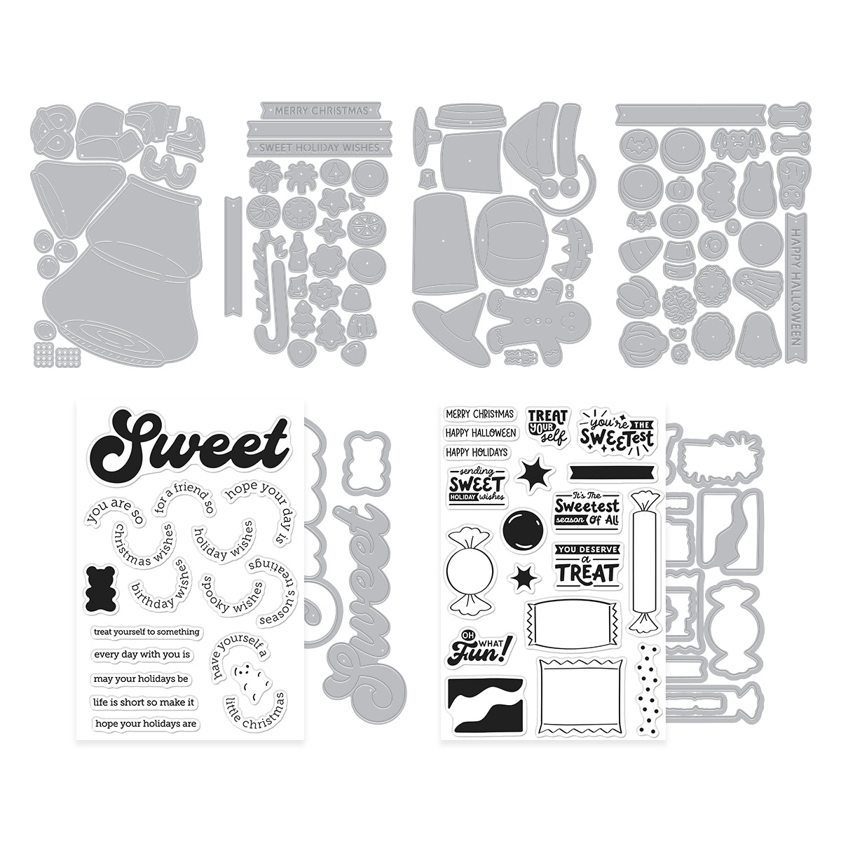 A sheet of clear stamp blanks with black holiday-themed text and motifs, shown alongside matching gray die-cut stamp templates on a plain white background. Hero Arts Beary Sweet Holiday Bundle by Carly Tee