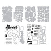A sheet of clear stamp blanks with black holiday-themed text and motifs, shown alongside matching gray die-cut stamp templates on a plain white background. Hero Arts Beary Sweet Holiday Bundle by Carly Tee
