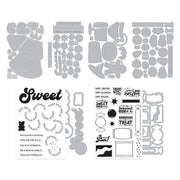 A sheet of clear stamp blanks with black holiday-themed text and motifs, shown alongside matching gray die-cut stamp templates on a plain white background. Hero Arts Beary Sweet Holiday Bundle by Carly Tee
