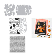 A craft stamp set and card design featuring a black cat with yellow eyes, autumn leaves, pumpkins, and fall-themed stamps. The left side shows gray metal die-cut templates and clear stamp sheets with fall motifs, while the right side displays a handmade card with a black cat face, orange leaves, and a pumpkin on a pink background.