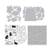 A sheet of stamps samples with black cat and pumpkin illustrations, alongside gray die-cut and a printed text panel showing stamp phrases and designs. Hero Arts Cozy Season Want Them All Bundle