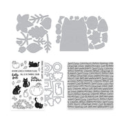 A sheet of stamps samples with black cat and pumpkin illustrations, alongside gray die-cut and a printed text panel showing stamp phrases and designs. Hero Arts Cozy Season Want Them All Bundle