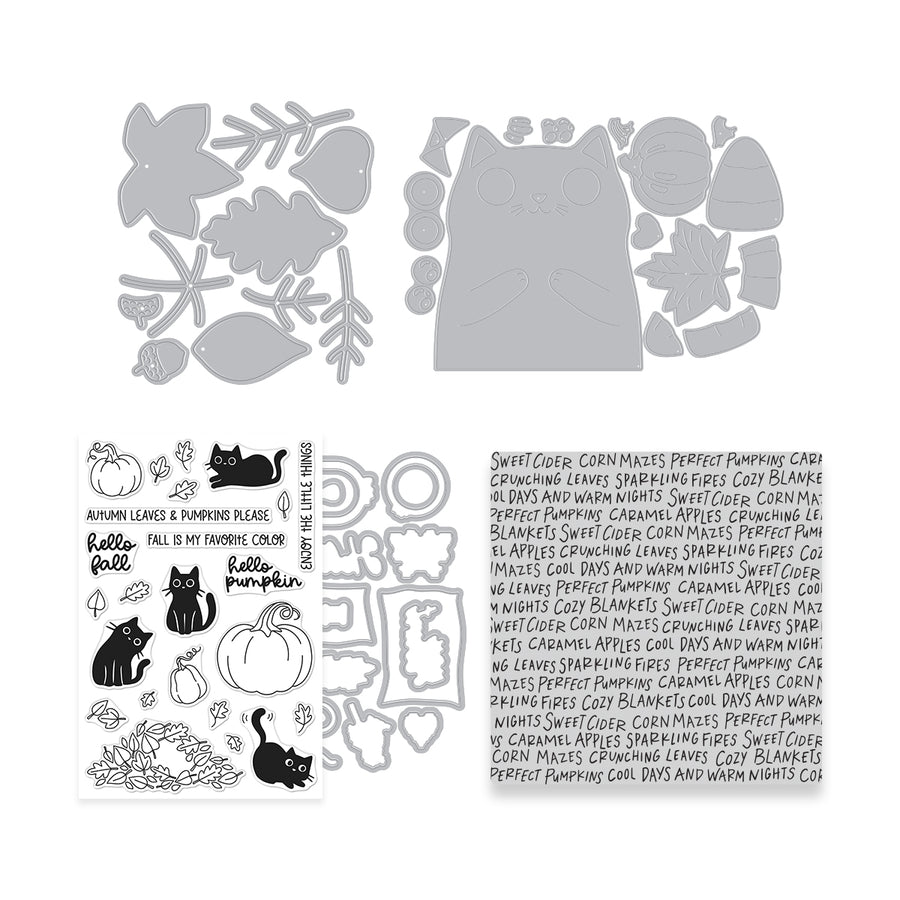 A sheet of stamps samples with black cat and pumpkin illustrations, alongside gray die-cut and a printed text panel showing stamp phrases and designs. Hero Arts Cozy Season Want Them All Bundle