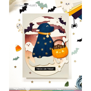 A handmade Halloween card featuring a layered die-cut dog in a navy blue dress with gold stars, holding an orange jack-o'-lantern bucket. The card is surrounded by festive Halloween decorations including bats, ghosts, candy corn, and a spider on a white background.