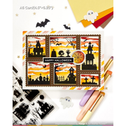 A Halloween-themed A6 card shown on a white background with craft props around it. The card features six rectangular panels with spooky silhouettes including haunted houses, bats, a spider, a ghost, and tombstones against an orange and yellow sky.