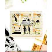 A golf-themed postage stamp design displayed on a white background, surrounded by golf silhouettes, stamps, and gold-handled tools. The central stamp features six illustrated panels with golf scenes and the text 'Wishing You a HOLE-IN-ONE KIND OF DAY' with a golf ball and flag motif.