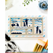 A rectangular mini-slimline card featuring golf-themed postage stamp designs with silhouettes of golfers, a golf cart, and golf clubs on a blue and white striped background. The card is displayed on a white surface with craft tools and flowers around it.