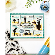 A rectangular ac card featuring postage-stamp-style golf illustrations and the text 'Happy Retirement you deserve it,' shown on a white background with craft stamps, flowers, and a paintbrush nearby.