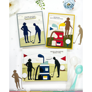 Three layered greeting cards with golf-themed illustrations are arranged on a white background with decorative flowers and spoons. The cards feature silhouettes of golfers and golf clubs, with text including 'YOU'RE ON DAB WITH THE BEST!' and 'SENDING BIRTHDAY SWINGS'.