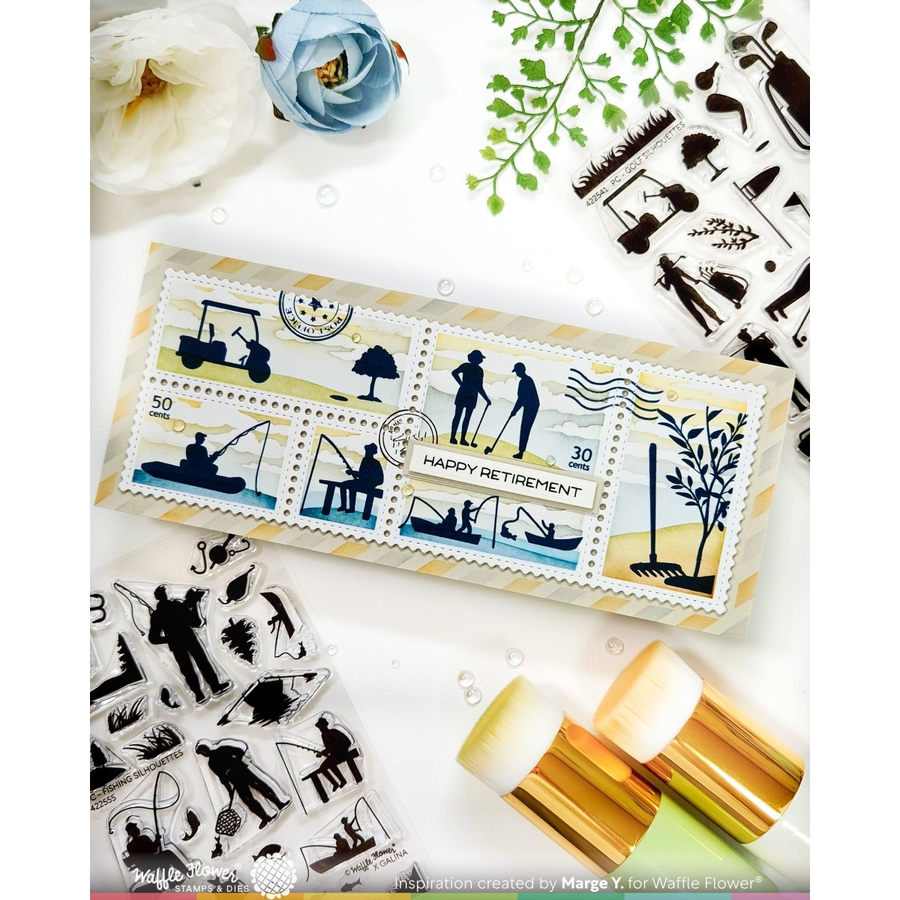 A slimline handmade card featuring fishing-themed postage stamp designs with silhouettes of anglers, boats, and a golf cart, styled on a white background with floral props, greenery, and clear stamp sheets.