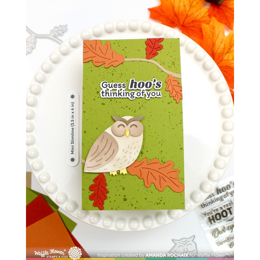 A handmade greeting card featuring a cute owl illustration and autumn leaves on a green background, displayed on a white beaded plate with orange leaves in the corner.