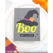 A Halloween greeting card featuring a gray background with a black witch hat, a purple band, an orange pumpkin accent, and large yellow 'Boo' lettering. The card reads 'HAPPY HALLOWEEN' on a black strip at the bottom.