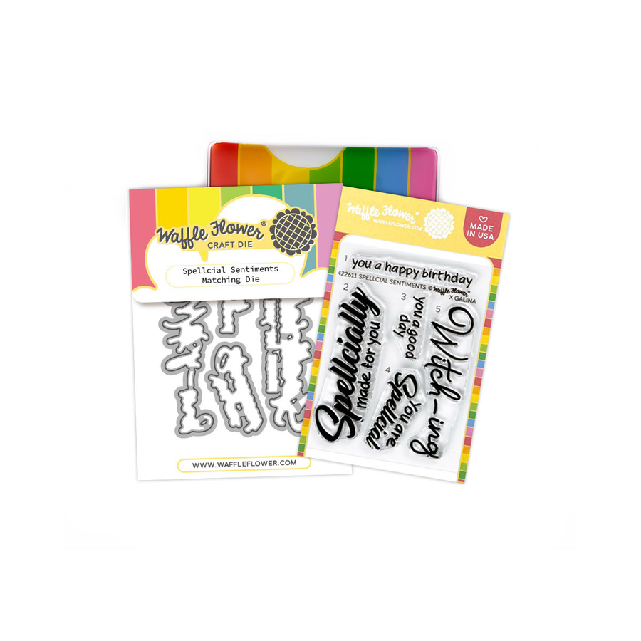 Waffle Flower Crafts Spellcial Sentiments Matching Die and Clear Stamp Set in a Combo Pack with colorful packaging on a white background.