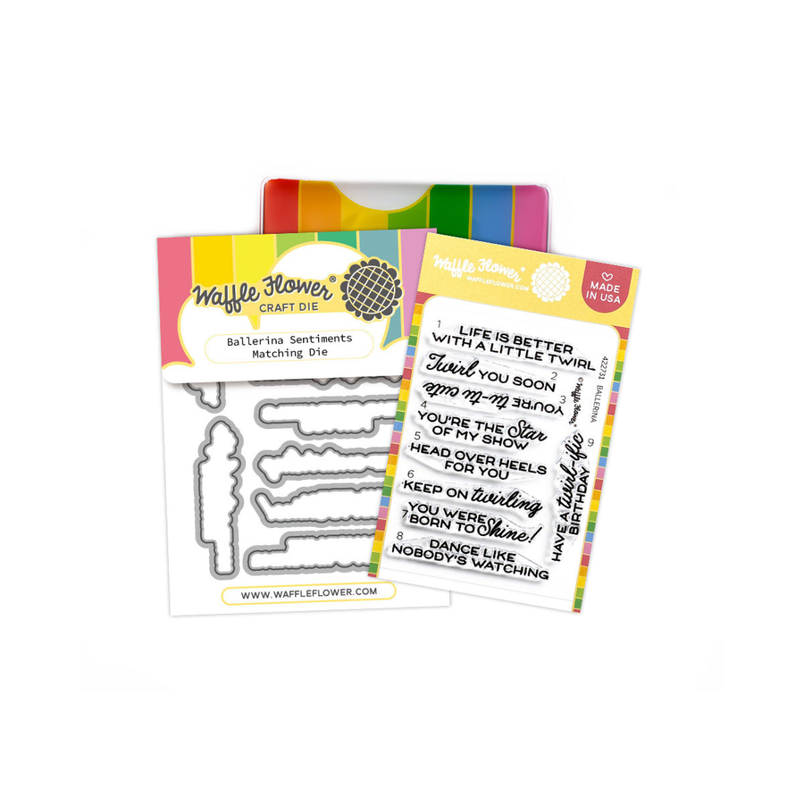 Waffle Flower Crafts Ballerina Sentiments Combo, showing the metal cutting die sheet on the left and the matching stamp set on the right, with a colorful striped backing card behind them on a white background.