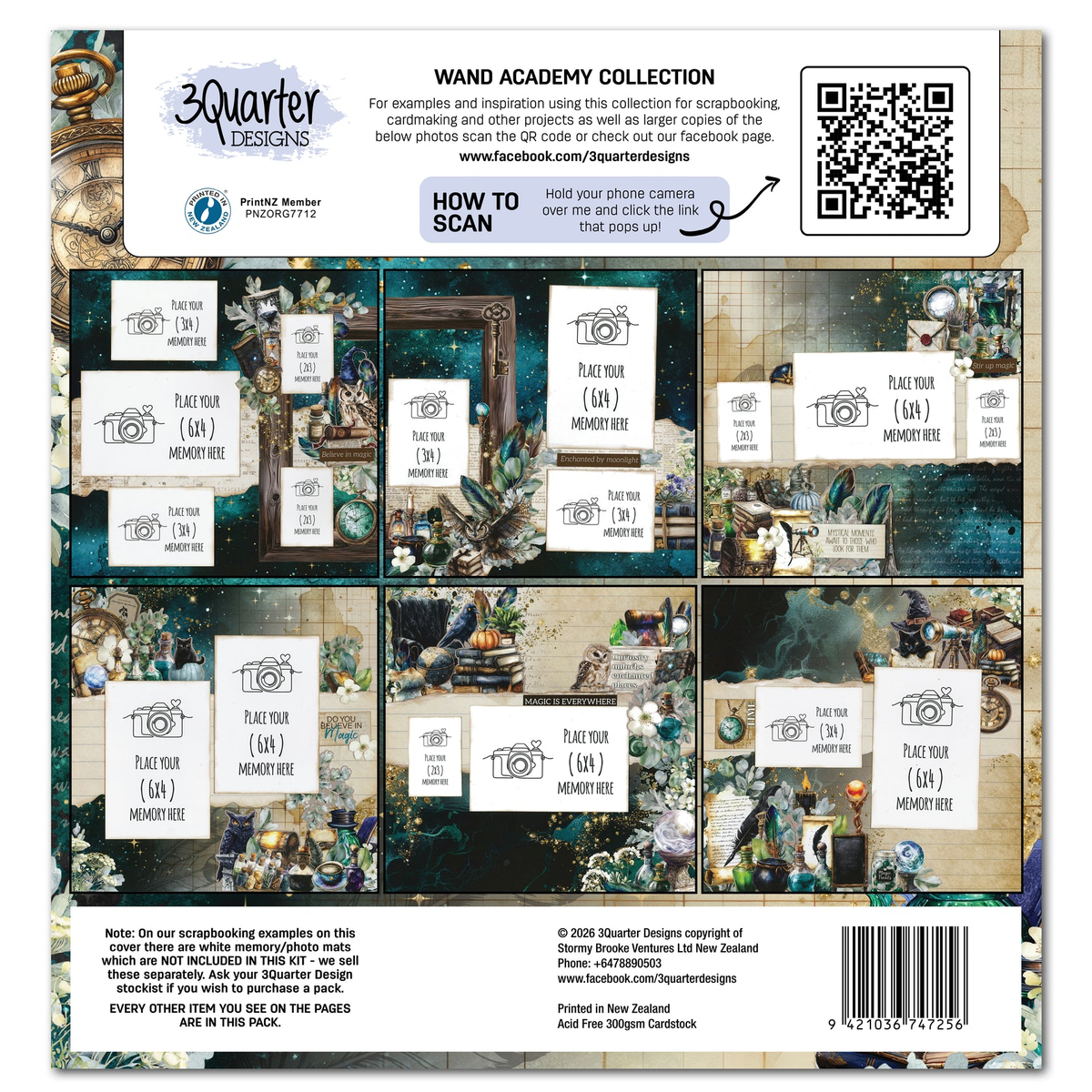 Back of a 3Quarters Designs Wand Academy Collection scrapbooking pack, showing a collage of vintage-themed card designs, instructions on how to scan, a QR code, and a barcode.