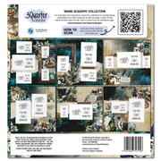 Back of a 3Quarters Designs Wand Academy Collection scrapbooking pack, showing a collage of vintage-themed card designs, instructions on how to scan, a QR code, and a barcode.