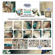 A collage-style product sheet for the 3 Quarter Designs 'Wand Academy Collection' designer paper and die-cut elements set. The sheet shows multiple sample pages and scrapbook elements in a vintage academia theme, including parchment textures, teal watercolor washes, floral accents, compass motifs, and small decorative illustrations.