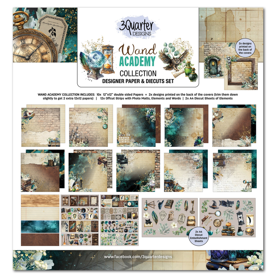 A collage-style product sheet for the 3 Quarter Designs 'Wand Academy Collection' designer paper and die-cut elements set. The sheet shows multiple sample pages and scrapbook elements in a vintage academia theme, including parchment textures, teal watercolor washes, floral accents, compass motifs, and small decorative illustrations.