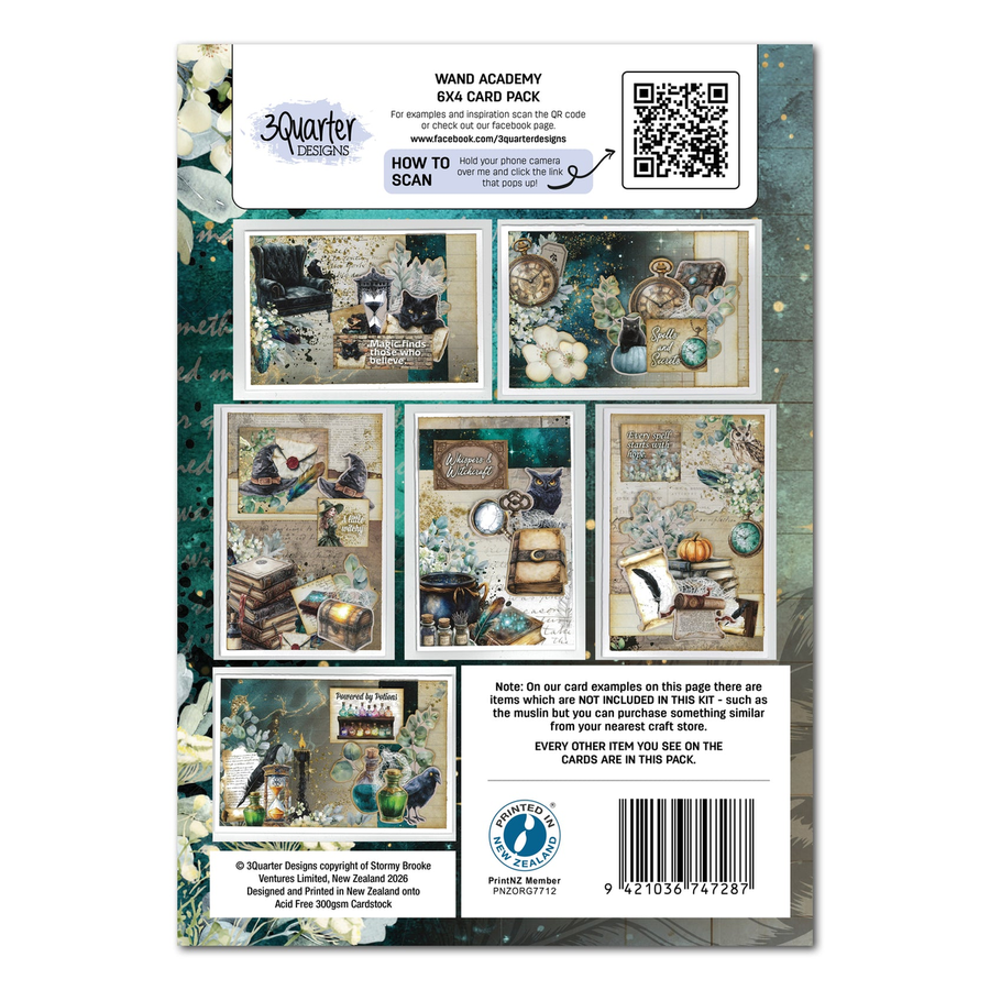 Back of a 6x4 card pack packaging insert from 3Quarter Designs, featuring preview images of various vintage-themed cards, a QR code, and product details on a teal patterned background. 3Quarter Designs Wand Academy 6" x 4" Card Pack