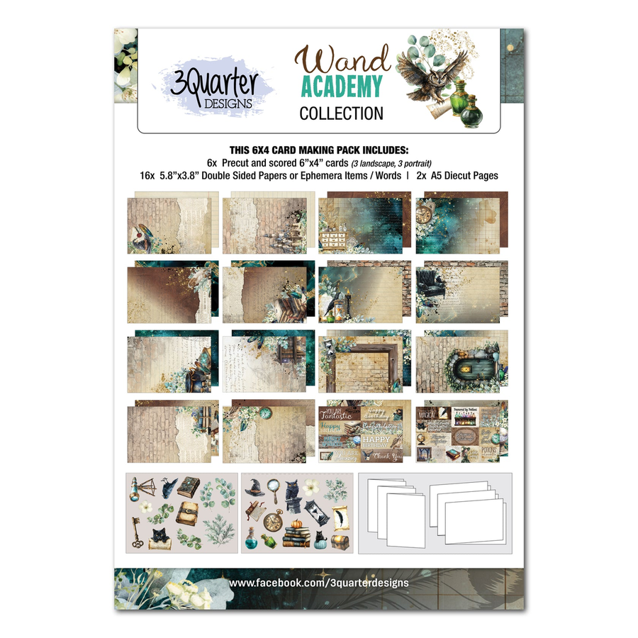 A product sheet for the 3 Quarter Designs 'Wand Academy Collection' 6x4 card making pack, showing various decorative scrapbook paper and ephemera designs, along with blank cardstock previews.