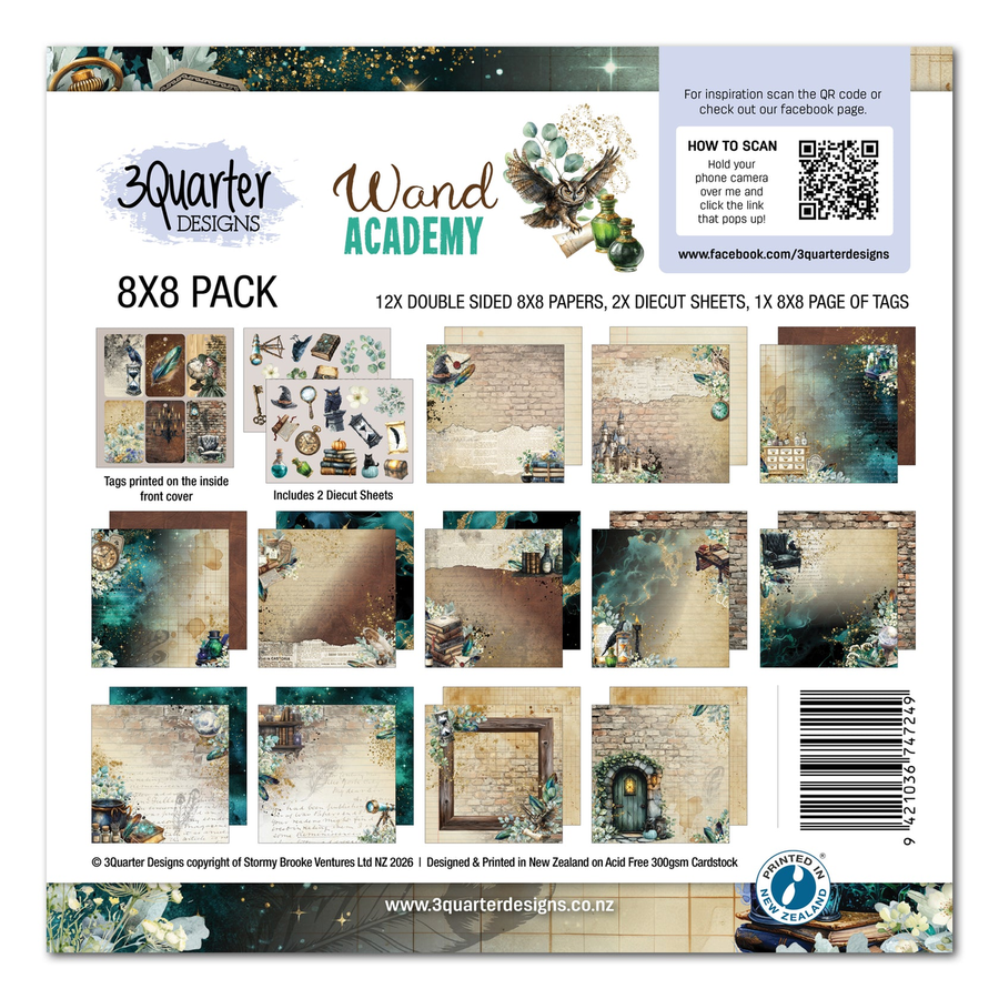 Front cover of a 3Quarter Designs Wond Academy 8x8 paper pack, showing included 12x double-sided 8x8 papers, 2 die-cut sheets, and 1x page of tags in a vintage teal, brown, and beige aesthetic.