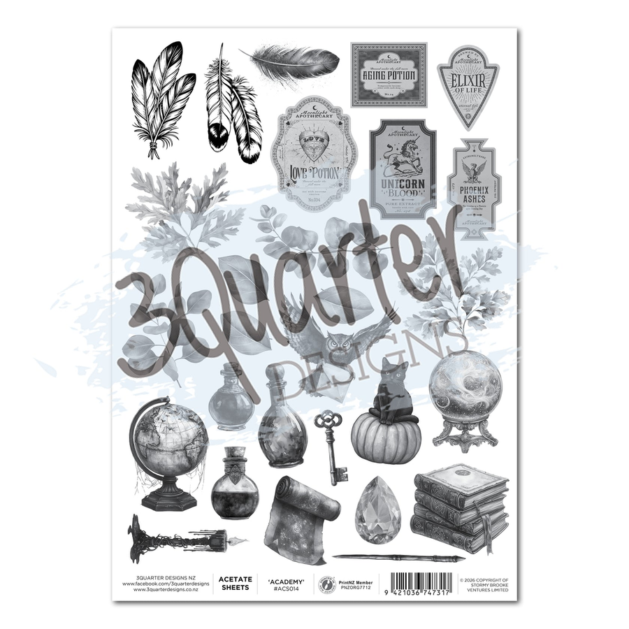 A sheet of acetate from 3 Quarter Designs featuring black and gray vintage illustrations, including feathers, botanical leaves, labels, globes, bottles, a key, a pumpkin, books, and a scroll, shown on a white background with a faint blue watercolor wash. 3Quarter Designs Wand Academy Acetate Sheet