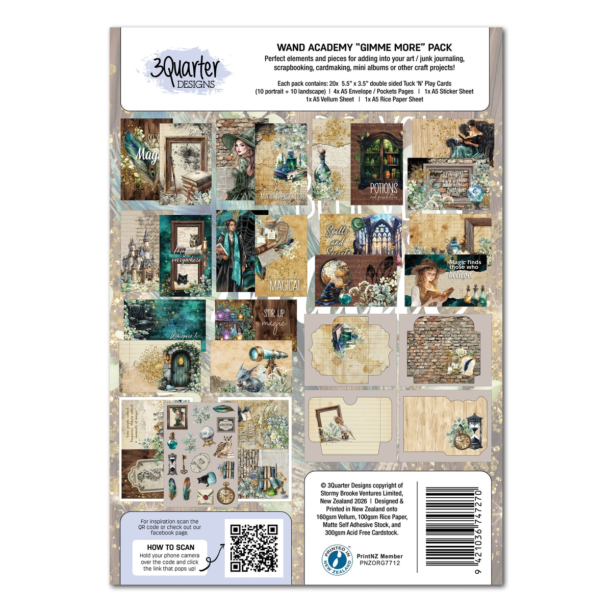 The back of a 3 Quarter Designs Wand Academy 'Grimme More' pack sheet, displaying various scrapbooking paper designs, coordinating embellishments, and instructions on a white background.